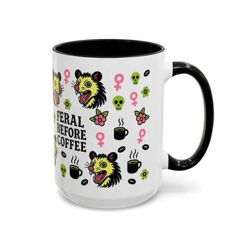 Possum Feminist Feral Before Coffee Mug (11, 15oz) features a neon-style snarling opossum, coffee cups, skulls, and symbols. Ideal for chaotic mornings, it's a sassy goth gift for those embracing their fierce, spirited side. Perfect for the neurodivergent, goth-loving, coffee enthusiast who thrives in creative self-expression.