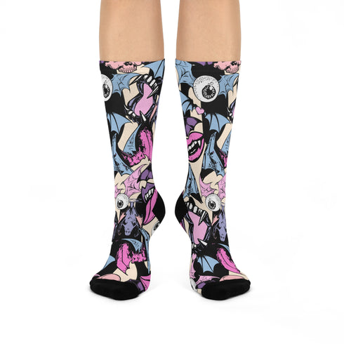 Freaky-fabulous socks sprawled on pink. Bats, skulls, and eyeballs galore. Punk rock meets Dracula's yard sale. Slip these on and let your feet do the screaming.