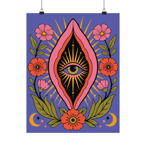 A vertical art print featuring a central pink yoni shape with a black interior containing a single eye. Golden yellow sun rays radiate from the center against a solid periwinkle blue purple background. The central motif is surrounded by a symmetrical botanical border of pink and red daisy flowers and green leaves, with two yellow crescent moons in the bottom corners. Printed on flat museum grade matte paper. This is the printed artwork only; a frame is not included. Ready to frame.