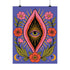 A vertical art print featuring a central pink yoni shape with a black interior containing a single eye. Golden yellow sun rays radiate from the center against a solid periwinkle blue purple background. The central motif is surrounded by a symmetrical botanical border of pink and red daisy flowers and green leaves, with two yellow crescent moons in the bottom corners. Printed on flat museum grade matte paper. This is the printed artwork only; a frame is not included. Ready to frame.