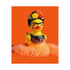 A vibrant fine art print of a rubber duck inspired by Frida Kahlo, complete with bold unibrow, floral crown, and traditional embroidered blouse. Framed in a red sculptural frame, the duck floats in orange-tinted bubbles against a deep orange backdrop and violet wall.