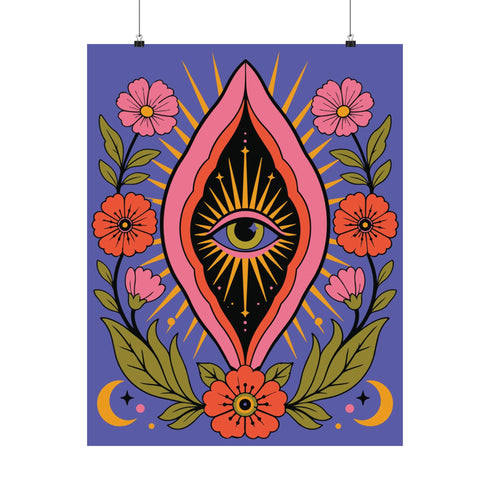 A vertical art print featuring a central pink yoni shape with a black interior containing a single eye. Golden yellow sun rays radiate from the center against a solid periwinkle blue purple background. The central motif is surrounded by a symmetrical botanical border of pink and red daisy flowers and green leaves, with two yellow crescent moons in the bottom corners. Printed on flat museum grade matte paper. This is the printed artwork only; a frame is not included. Ready to frame.