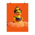 A vibrant fine art print of a rubber duck inspired by Frida Kahlo, complete with bold unibrow, floral crown, and traditional embroidered blouse. Framed in a red sculptural frame, the duck floats in orange-tinted bubbles against a deep orange backdrop and violet wall.
