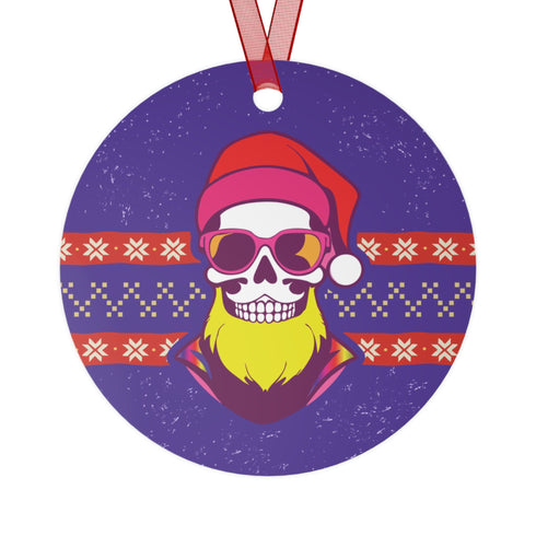 Round purple metal Christmas ornament featuring skull wearing sunglasses and Santa hat with neon yellow beard, surrounded by Nordic-style pattern bands in red and yellow.