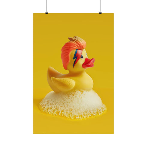 A retro-inspired print featuring a rubber duck styled after David Bowie’s Ziggy Stardust, complete with orange-red mullet and signature lightning bolt face paint. Surrounded by white bubbles, the piece is framed in soft purple and set on a wavy psychedelic wall in pink and orange.