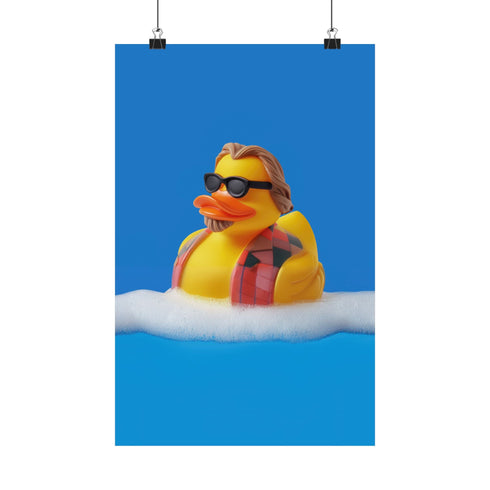 A quirky art print of a rubber duck styled after The Dude from The Big Lebowski, complete with a goatee, sunglasses, and plaid bathrobe. The duck lounges in bubbles, framed in a glossy red frame, with a manicured hand adjusting it against a monochromatic red backdrop.