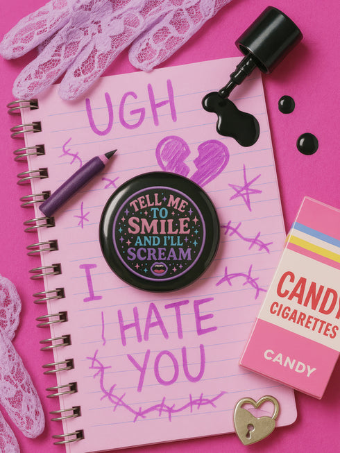 Glossy black pinback button with pastel-colored embroidered-style text that reads “Tell Me to Smile and I’ll Scream,” with lips icon and star accents.