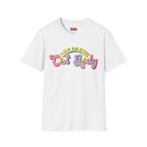 An election 2024 t-shirt with a colorful retro-style graphic that reads "Childless Cat Lady" across the chest. The text is in a playful, curvy font with each word in a different color - "Childless" in yellow-green, "Cat" in pink, and "Lady" in purple. Small cat face icons are incorporated into the letters 'a' in "Cat" and "Lady".