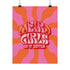 Retro-style poster with psychedelic 1970s-inspired design. Text reads "WEIRD GIRLS DO IT BETTER" in wavy, groovy lettering. Pink and orange sunburst background. Centered text surrounded by curved rays. Bold red frame with scalloped edges. Vibrant colors and playful typography create a vintage hippie vibe. Square format print with rounded corners. Perfect for fans of retro aesthetics and empowering slogans.
