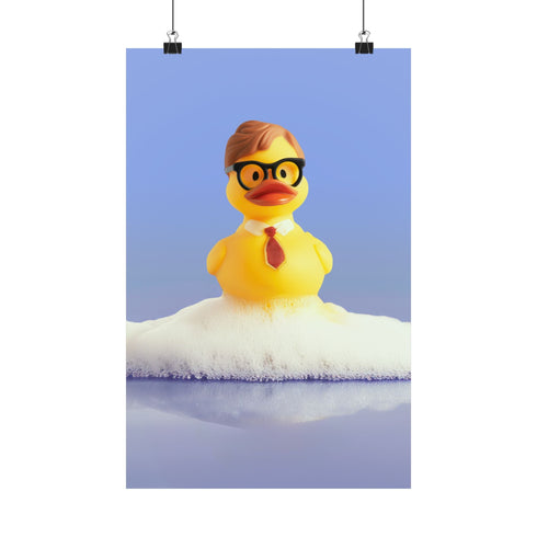 A humorous fine art print of a rubber duck modeled after Dwight Schrute, complete with glasses, mustard tie, and serious expression. Floating in soap suds, the print is framed above a retro bed with bold orange flower wallpaper and bright accent pillows.