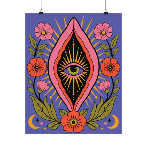 A vertical art print featuring a central pink yoni shape with a black interior containing a single eye. Golden yellow sun rays radiate from the center against a solid periwinkle blue purple background. The central motif is surrounded by a symmetrical botanical border of pink and red daisy flowers and green leaves, with two yellow crescent moons in the bottom corners. Printed on flat museum grade matte paper. This is the printed artwork only; a frame is not included. Ready to frame.
