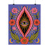 A vertical art print featuring a central pink yoni shape with a black interior containing a single eye. Golden yellow sun rays radiate from the center against a solid periwinkle blue purple background. The central motif is surrounded by a symmetrical botanical border of pink and red daisy flowers and green leaves, with two yellow crescent moons in the bottom corners. Printed on flat museum grade matte paper. This is the printed artwork only; a frame is not included. Ready to frame.