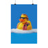 A quirky art print of a rubber duck styled after The Dude from The Big Lebowski, complete with a goatee, sunglasses, and plaid bathrobe. The duck lounges in bubbles, framed in a glossy red frame, with a manicured hand adjusting it against a monochromatic red backdrop.