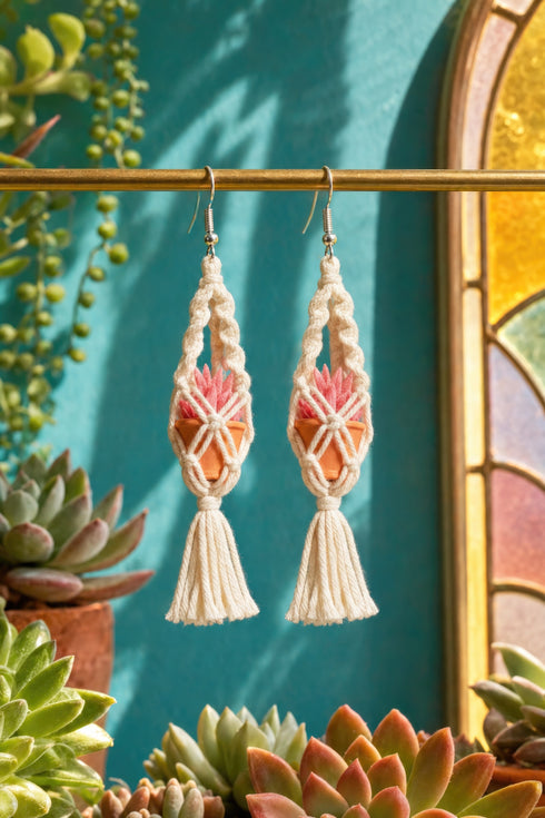 A pair of white earrings with a floral design hangs from a gold hook against a blue background, surrounded by various potted plants.