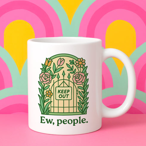 White ceramic coffee mug featuring "Ew, people" text beneath decorative garden gate design with "KEEP OUT" sign surrounded by roses and botanical florals. Perfect antisocial gift for introverts who prefer solitude over social interaction. 11oz ceramic cup ideal for coffee lovers, misanthropes, and homebodies who embrace their hermit lifestyle.