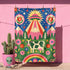 A rectangular velveteen minky blanket with a bright, maximalist design. The top half features a vibrant blue sky with a pink, green, and yellow UFO beaming rays down over hot pink snow-capped mountains. The bottom half shows a grassy green field with a white cow covered in dark spots, surrounded by large, colorful red, pink, and blue retro flowers, pine trees, and a rainbow arch at the very bottom. The reverse side is a fluffy off-white sherpa.