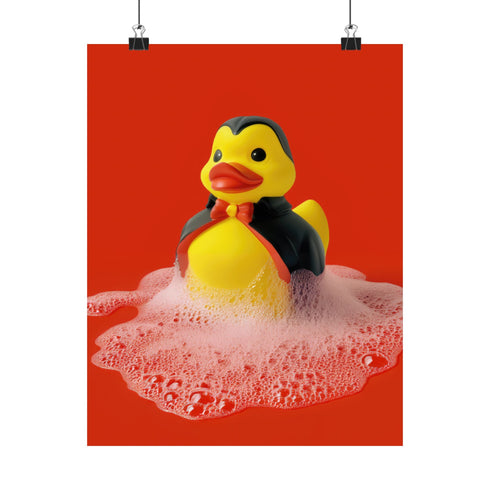 A spooky-yet-cute art print of a vampire-themed rubber duck dressed in a red-lined black cape and bowtie. Surrounded by white bath bubbles, the duck is framed in a red wavy-edged frame and held up against a burnt orange wall by a hand in a dramatic red sleeve.