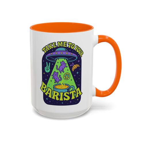 White ceramic coffee mug with a bright yellow handle and interior, featuring a printed alien abduction design with two purple cats, peace signs, and the phrase “Take Me to Your Barista” in green and purple text.