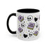 The Gothic Read Dangerously Mug Accent Coffee Mug (11, 15oz) is a BPA-free white ceramic mug with a black handle. It features books, skulls, hearts, stars, dots, and "READ DANGEROUSLY" in glossy black, purple, and yellow.