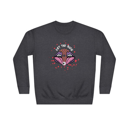 a black sweatshirt featuring a psychedelic "Eat the Rich" design with an eyeball and vampire teeth,