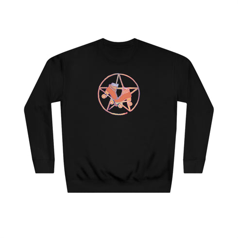 Black sweatshirt featuring a colorful pentagram design with a roller skate in the center, surrounded by dried flowers and set on a textured background.