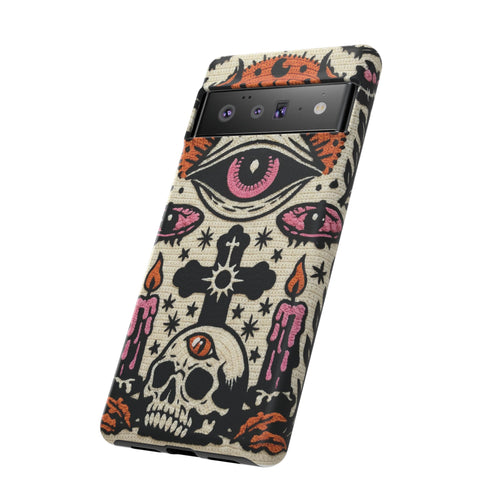 Gothic Faux Crochet Phone Case - Whimsigoth Evil Eye Skull Cover