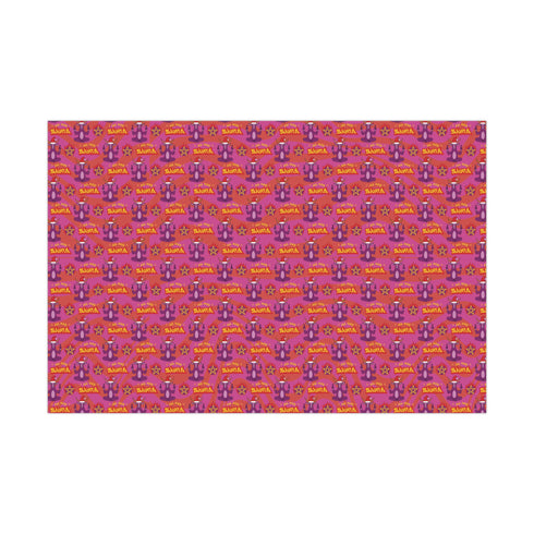 Vibrant pink wrapping paper featuring Occult symbol Baphomet Santas throwing horns, surrounded by flaming pentagrams and "All Hail Santa" text. A punk rock twist on Christmas gift wrap.