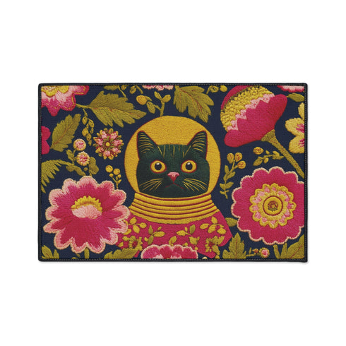 High-fidelity printed doormat featuring a "Space Kitty" design in a tapestry-style faux-texture. A black cat with large yellow eyes wears a golden ribbed space helmet, centered on a deep navy background. The cat is surrounded by oversized, vibrant magenta and pink folk-art flowers with chartreuse and olive green leaves. The design uses a printed illusion to mimic 3D embroidery stitching. The mat is rectangular with a sleek black border and a non-slip backing.