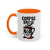 White ceramic coffee mug with “Corpse Brew” text and a spooky cartoon vampire face on a coffee pot. Available in black or orange handle and inner color variations. Standard 11 oz size. Glossy finish with a bold Halloween-inspired gothic design, perfect for horror fans, spooky coffee lovers, or goth kitchen aesthetics.