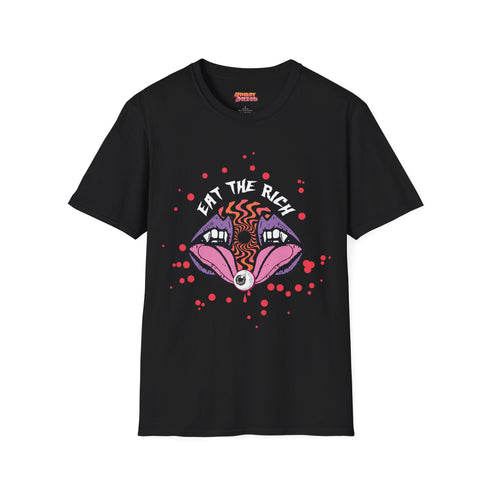 Black t-shirt featuring a surreal, psychedelic design centered on the chest. An open mouth with sharp vampire-like teeth and pink tongue dominates the image. Between the teeth, a hypnotic swirling pattern in rainbow colors leads to a single eyeball on the tongue. "EAT THE RICH" is written in white above the mouth. Red paint-like splatters surround the entire design, giving it a grungy, punk aesthetic. The shirt is from the "Honey Dazed" brand.