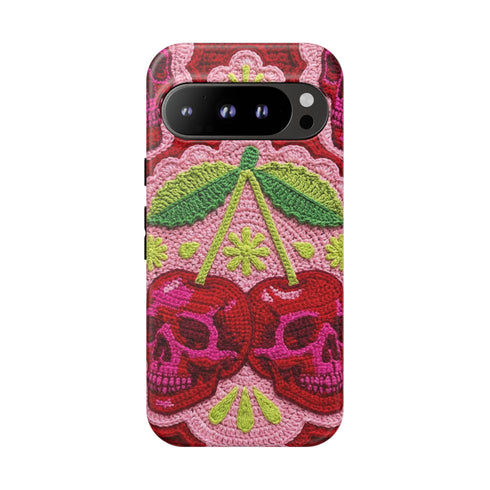 Faux Crochet Cherry Skull Phone Case | Pastel Goth Macabre Matte Cover