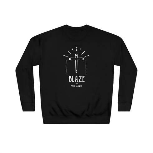a sweatshirt featuring a minimalist cross design resembling a joint with the text "BLAZE THE LORD" underneath.