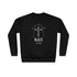 a sweatshirt featuring a minimalist cross design resembling a joint with the text "BLAZE THE LORD" underneath.