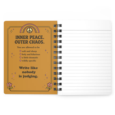 A glossy 5x7 inch spiral bound notebook featuring the phrase Inner Peace Outer Chaos in retro 70s typography. The cover showcases a vibrant psychedelic design on a mustard yellow background with a central trippy sun motif containing three mystical eyes. Below the sun, text reads Meditations, Mantras, and Meltdown Notes in bold black font. The journal has a durable black metal spiral binding and contains 150 lined pages for writing, shadow work, or daily planning.