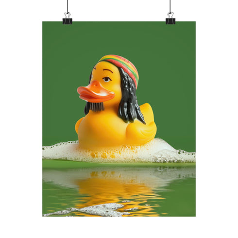 A fine art print of a rubber duck inspired by Marley, featuring black dreadlocks and a red-yellow-green beanie. The duck floats in bath bubbles with its reflection in green-tinted water. Displayed in a white and red frame on a soap-covered shelf in a bold red tile bathroom with a lightning-bolt soap dispenser.