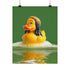 A fine art print of a rubber duck inspired by Marley, featuring black dreadlocks and a red-yellow-green beanie. The duck floats in bath bubbles with its reflection in green-tinted water. Displayed in a white and red frame on a soap-covered shelf in a bold red tile bathroom with a lightning-bolt soap dispenser.