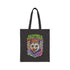 Black or natural cotton canvas tote bag with “The Future is Femme & Feral” design featuring a rainbow-colored snarling opossum with flowers and feminist symbols, printed on both sides with long matching canvas handles.