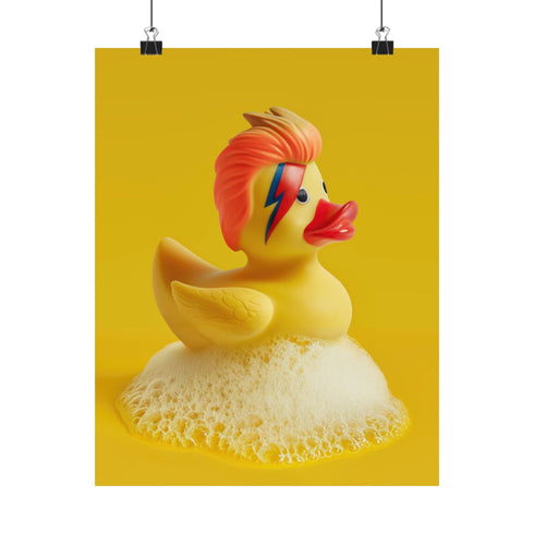 A retro-inspired print featuring a rubber duck styled after David Bowie’s Ziggy Stardust, complete with orange-red mullet and signature lightning bolt face paint. Surrounded by white bubbles, the piece is framed in soft purple and set on a wavy psychedelic wall in pink and orange.