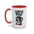 White ceramic coffee mug with “Corpse Brew” text and a spooky cartoon vampire face on a coffee pot. Available in black or orange handle and inner color variations. Standard 11 oz size. Glossy finish with a bold Halloween-inspired gothic design, perfect for horror fans, spooky coffee lovers, or goth kitchen aesthetics.