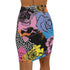 High-waisted mini skirt with a multicolor floral collage print featuring graphic roses, polka dots, and stripes. Bodycon fit in a bright palette including pink, yellow, blue, and orange. Made of stretchy poly-spandex blend and styled in colorful festival outfits. Sizes XS to XL available.