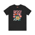 Black unisex t-shirt with "Resist" in bold, embroidered-style floral print. Political activism shirt with a vintage, handcrafted feel.