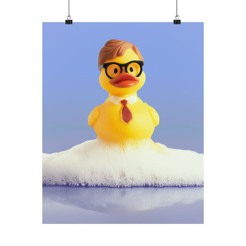 A humorous fine art print of a rubber duck modeled after Dwight Schrute, complete with glasses, mustard tie, and serious expression. Floating in soap suds, the print is framed above a retro bed with bold orange flower wallpaper and bright accent pillows.