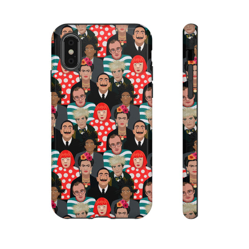 Stylish phone case with a colorful collage of iconic artists including Frida Kahlo, Warhol, Dali, and Keith Haring. Vibrant pop art design features stylized portraits on a dark background, perfect for art lovers.