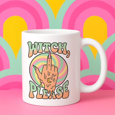 White ceramic 11oz coffee mug with a bold retro design that says “Witch, Please” above a drippy melting hand giving the middle finger.