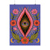 A vertical art print featuring a central pink yoni shape with a black interior containing a single eye. Golden yellow sun rays radiate from the center against a solid periwinkle blue purple background. The central motif is surrounded by a symmetrical botanical border of pink and red daisy flowers and green leaves, with two yellow crescent moons in the bottom corners. Printed on flat museum grade matte paper. This is the printed artwork only; a frame is not included. Ready to frame.