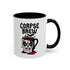 White ceramic coffee mug with “Corpse Brew” text and a spooky cartoon vampire face on a coffee pot. Available in black or orange handle and inner color variations. Standard 11 oz size. Glossy finish with a bold Halloween-inspired gothic design, perfect for horror fans, spooky coffee lovers, or goth kitchen aesthetics.
