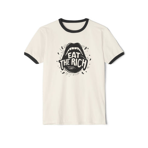 Heather gray ringer t-shirt with black contrast trim on the collar and sleeve cuffs. The front features a bold black graphic of an open mouth with the phrase "EAT THE RICH" in capital letters, integrated into the teeth. Surrounding the design are hand-drawn lines and accents, giving it a raw, punk-inspired aesthetic. The t-shirt has a vintage-inspired fit, made from soft cotton fabric with a slightly relaxed silhouette. The high-contrast black and gray design enhances the statement-making impact of the grap