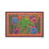 A rectangular flat-printed doormat featuring a faux-tufted, trompe-l'œil texture design. The background is a vibrant hot pink, bordered by a wavy yellow line. In the center is a bright green, smiling Bigfoot or Sasquatch figure with long shaggy hair. Surrounding the cryptid are highly detailed, colorful faux-embroidered floral motifs including blue, orange, and purple daisies, alongside green fern fronds and leaves. The mat is finished with a solid black fabric trim around the outer edge.