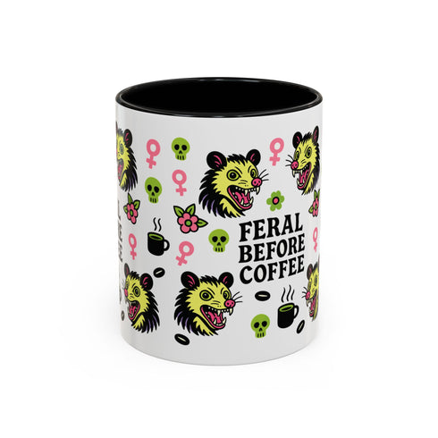 Possum Feminist Feral Before Coffee Mug (11, 15oz): Bold punkish design with snarling opossum, neon coffee cups, skulls, feminist symbols. Ideal for morning chaos lovers and gothic, neurodivergent gift seekers. Dishwasher safe, expressive Honey Dazed essential.