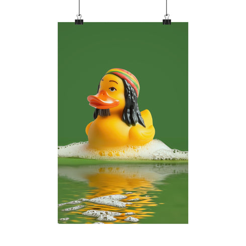 A fine art print of a rubber duck inspired by Marley, featuring black dreadlocks and a red-yellow-green beanie. The duck floats in bath bubbles with its reflection in green-tinted water. Displayed in a white and red frame on a soap-covered shelf in a bold red tile bathroom with a lightning-bolt soap dispenser.